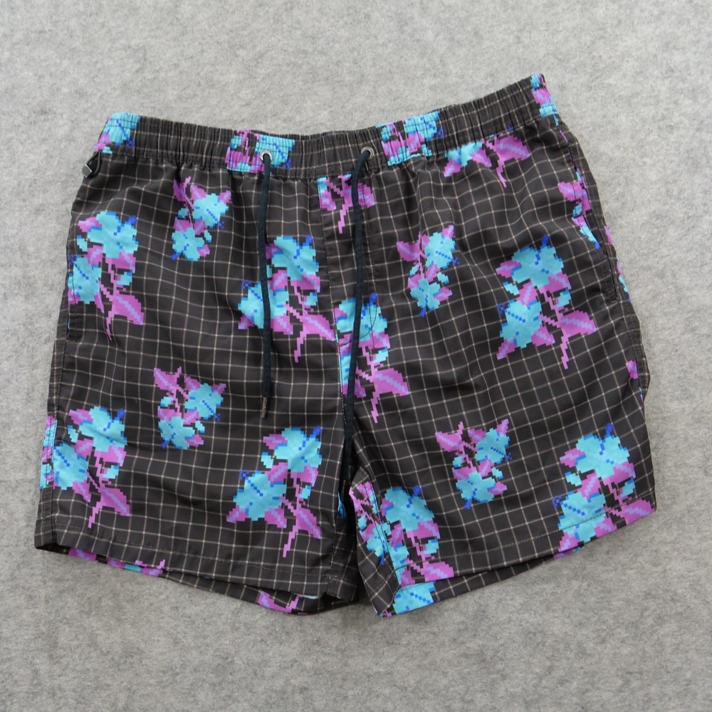 Ksubi Swim Trunks Mens Large Brown Black Grid Pixel Floral Print Board Streetwea
